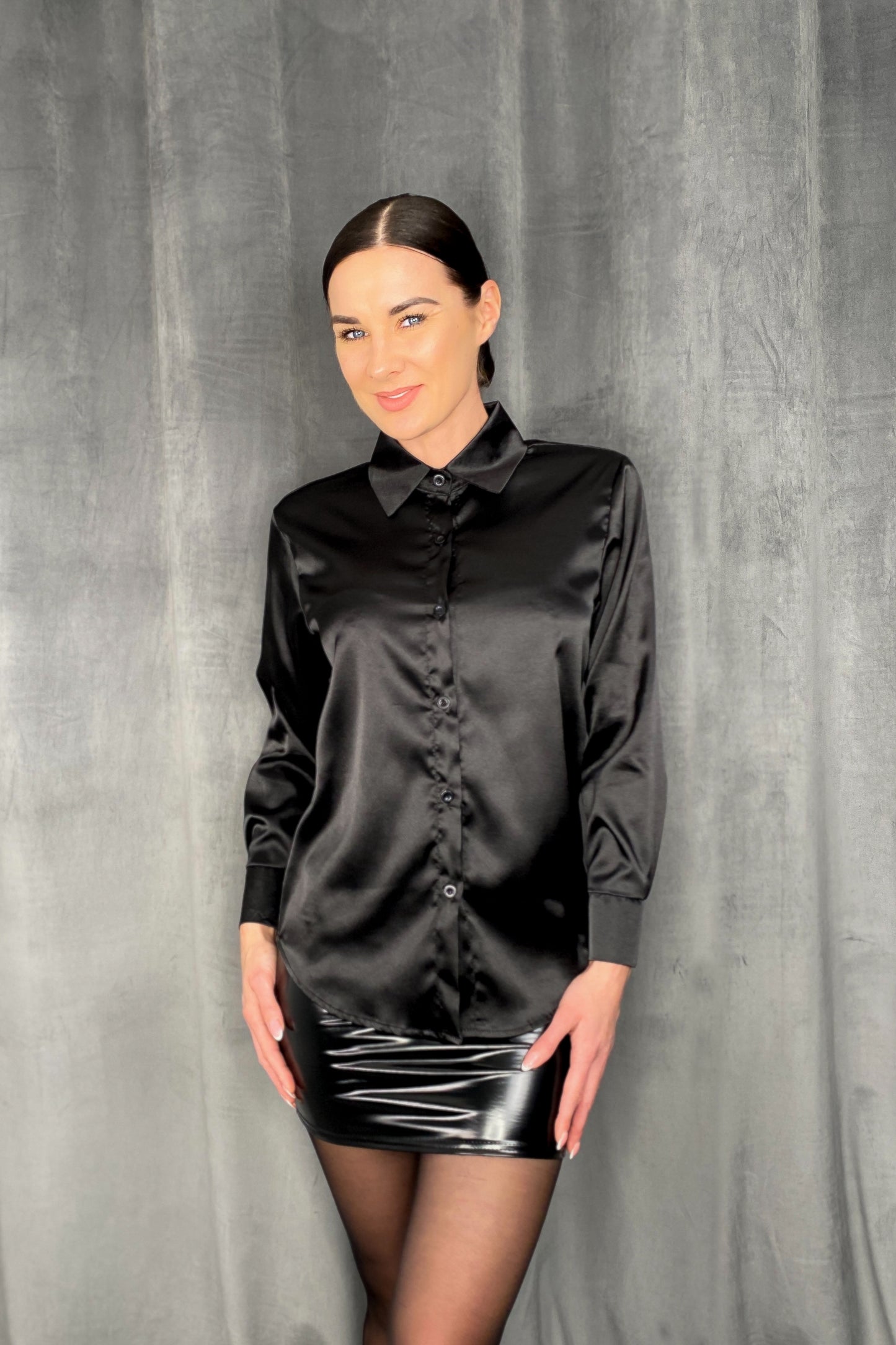 Chic black satin shirt styled with modern minimal design