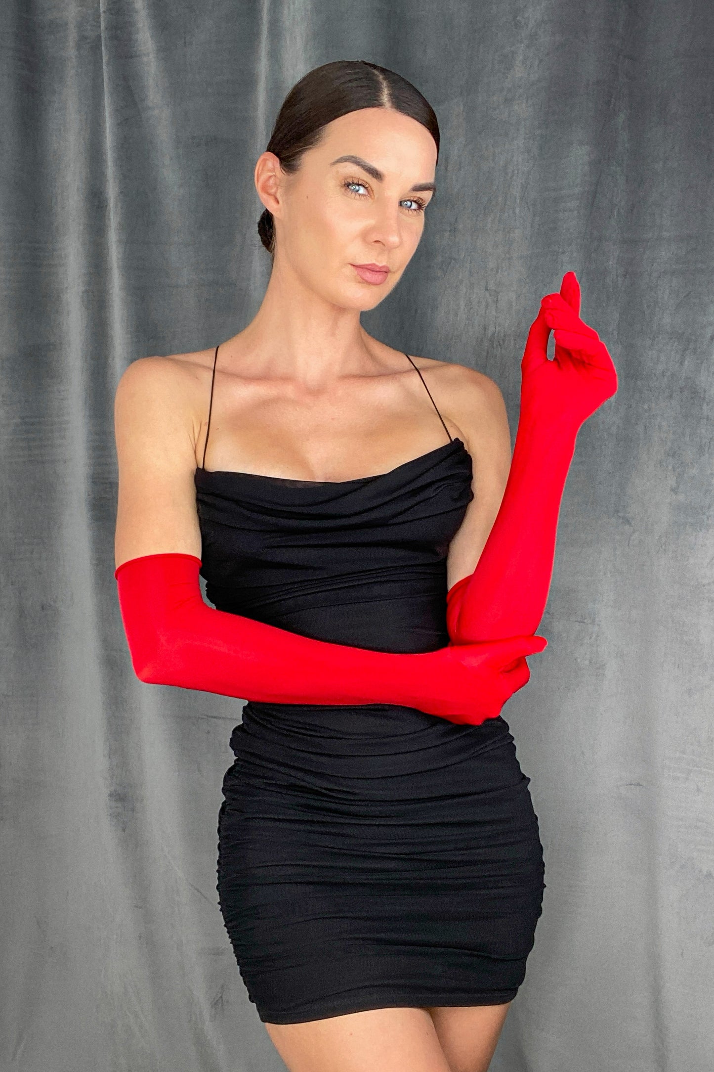 Red oil shine 8 denier gloves – sheer, glossy finish with stretchy, comfortable fit