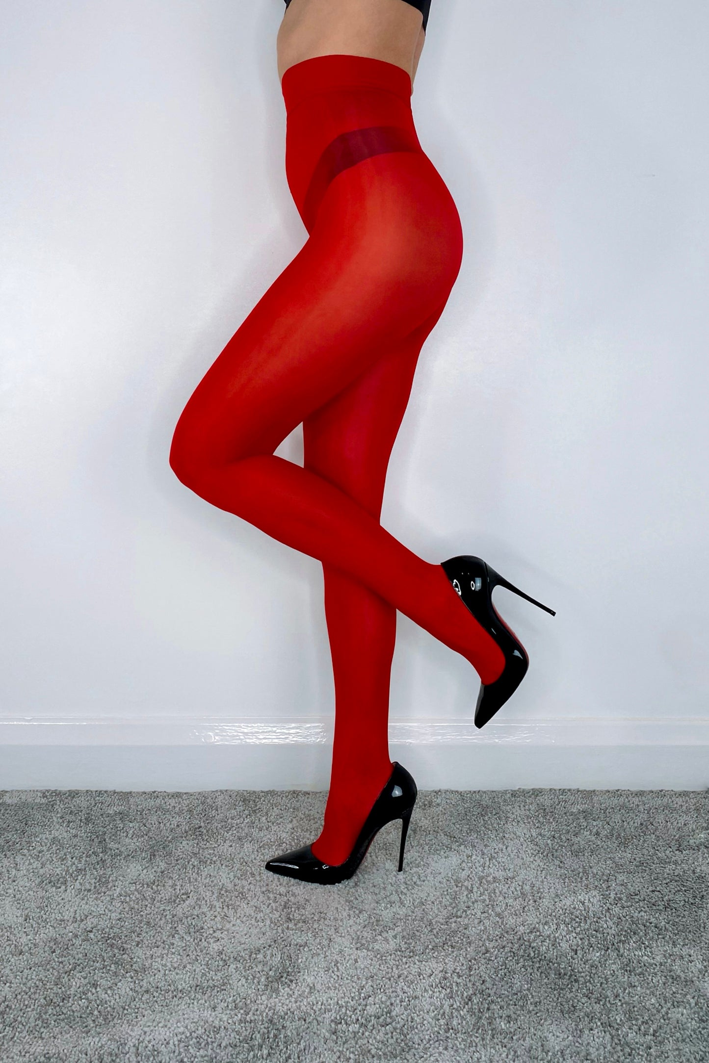 Red 8 denier glossy tights with sheer