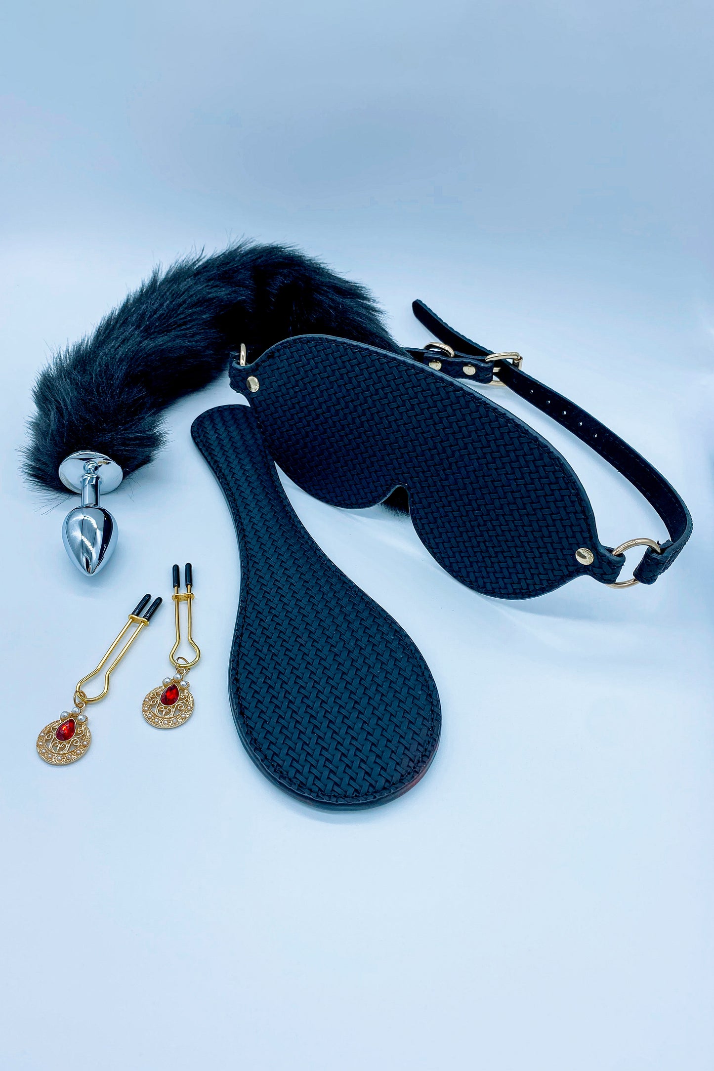 Adult Bondage Set Leather Eye Mask Nipple Clamps Tail Metal Butt Plug