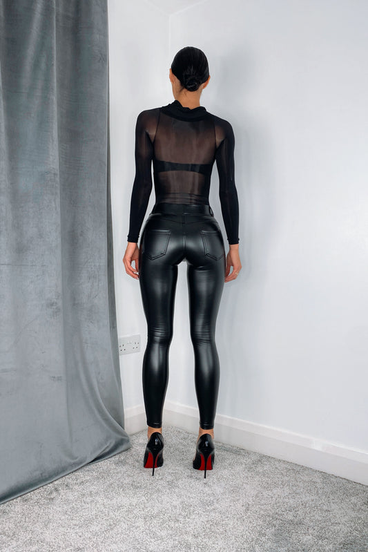 Black PU faux leather leggings with pockets and belt loops