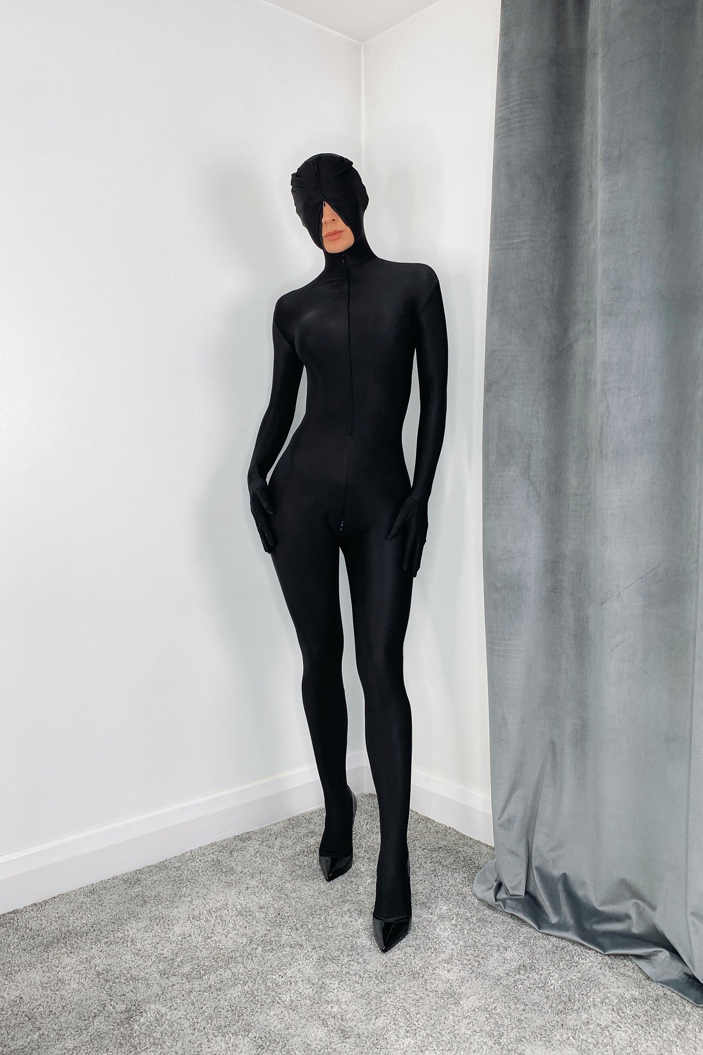 Black Full Wrap Spandex Bodystocking With Gloves