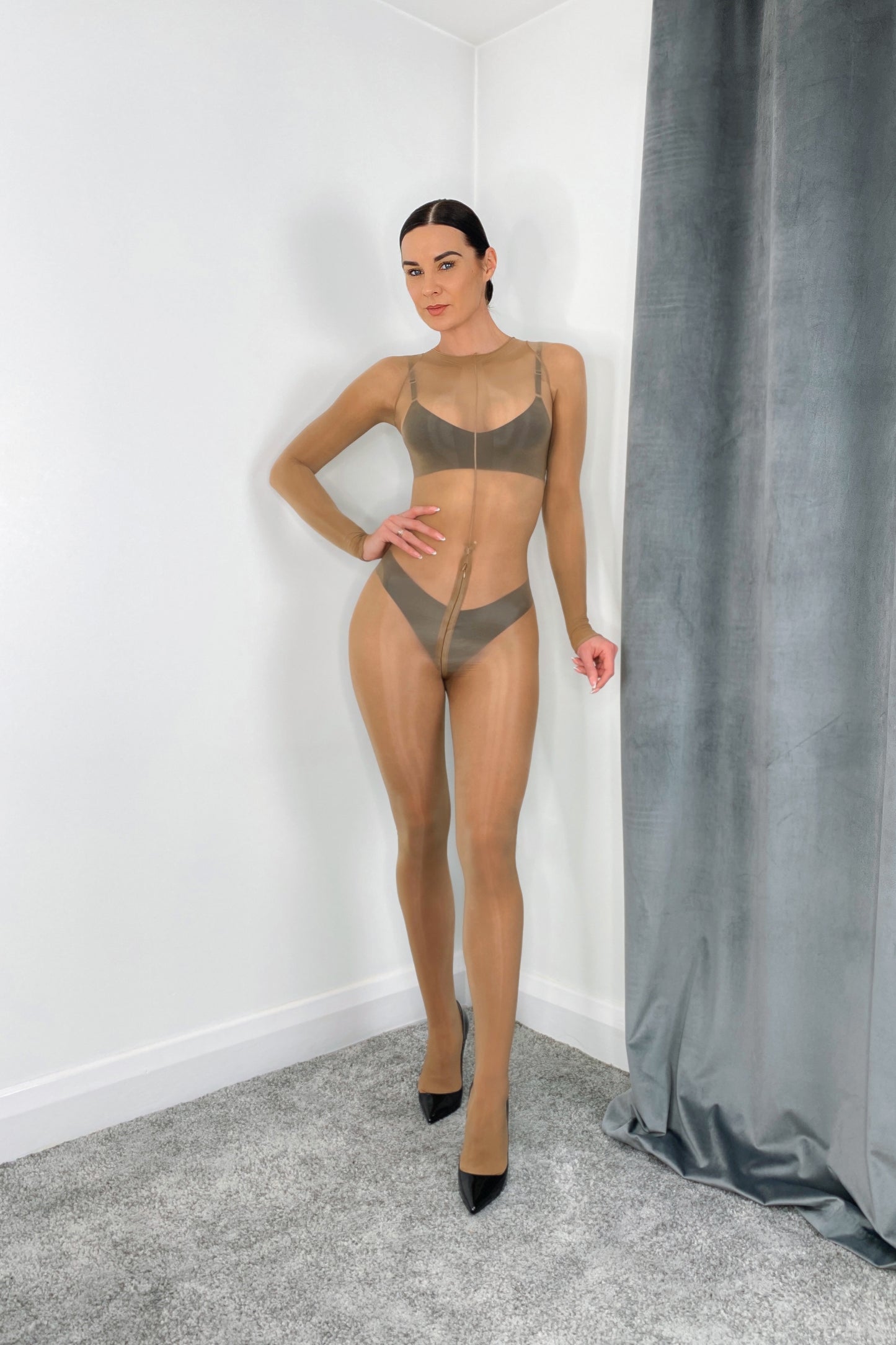 Coffee Glossy 8D Long Sleeve Bodystocking with Zip