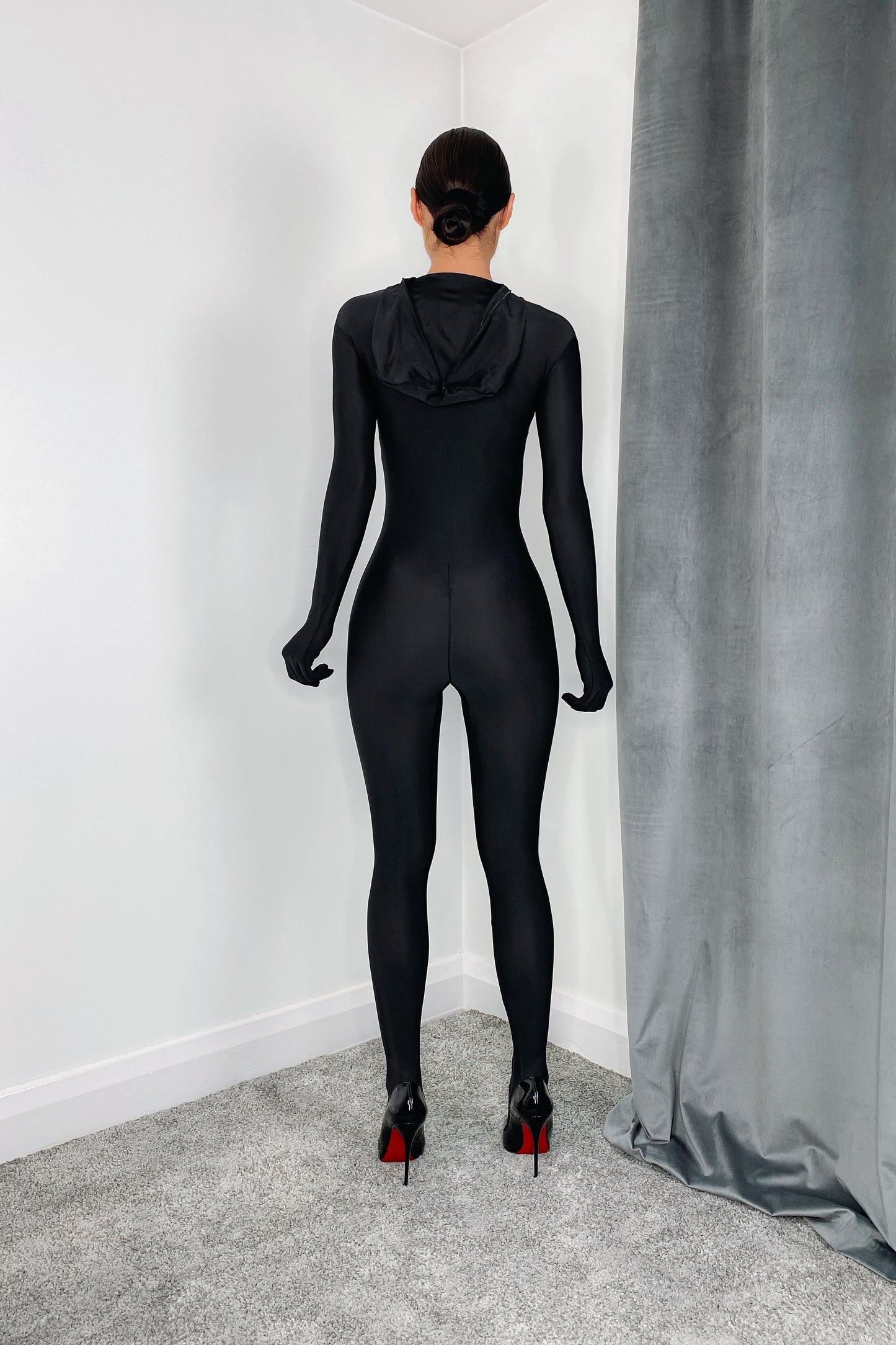 Black spandex bodysuit with gloves and full head covering down