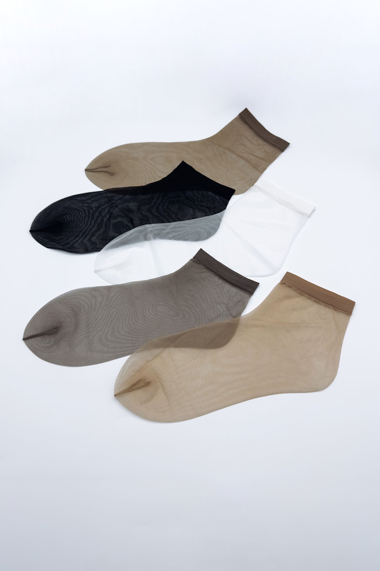 Lightweight nylon ankle socks in white, tan, coffee, black and grey