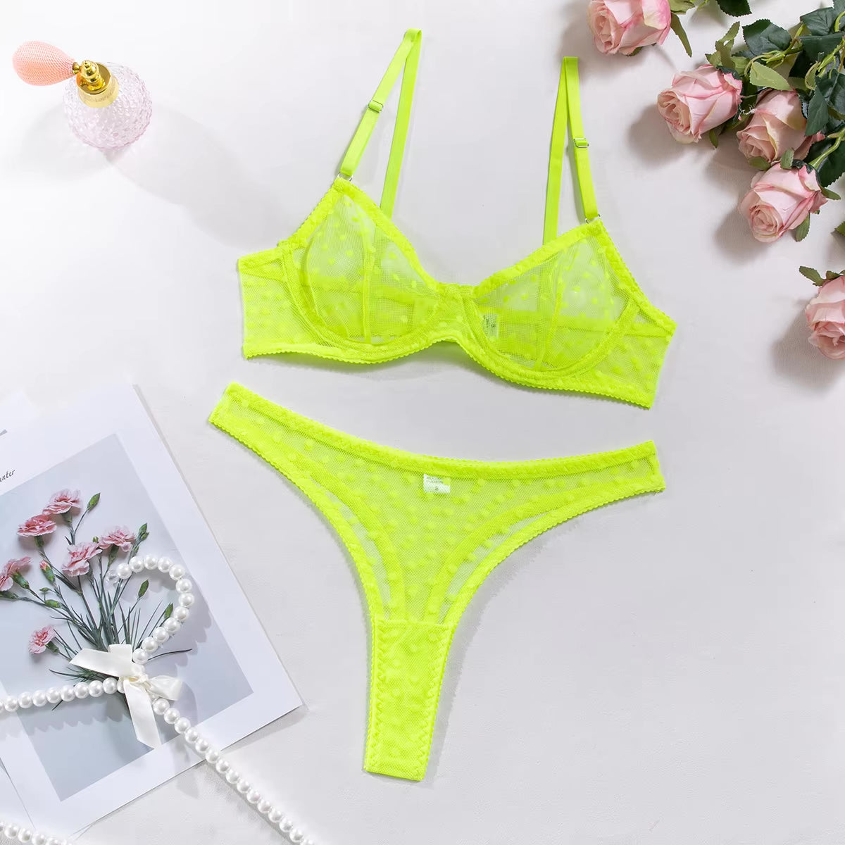 Tilly neon green dot mesh lingerie set with underwired bra and matching thong