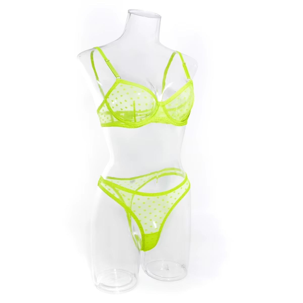 Neon green dot lingerie duo featuring underwire bra and seamless thong
