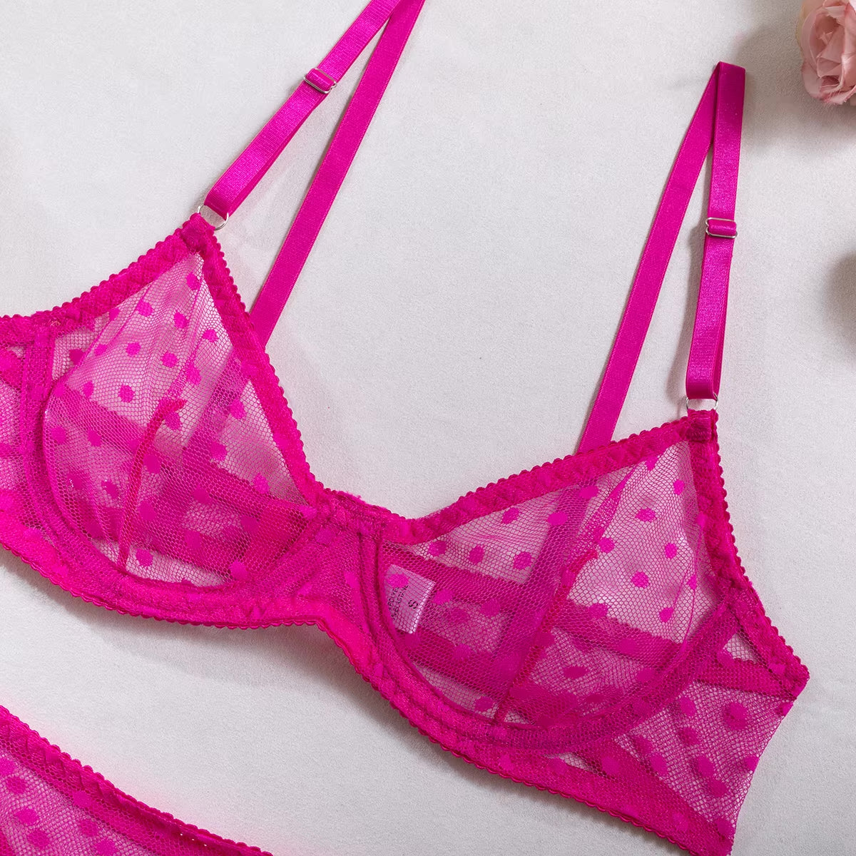 Pink dot mesh underwired bra with adjustable straps and sheer
