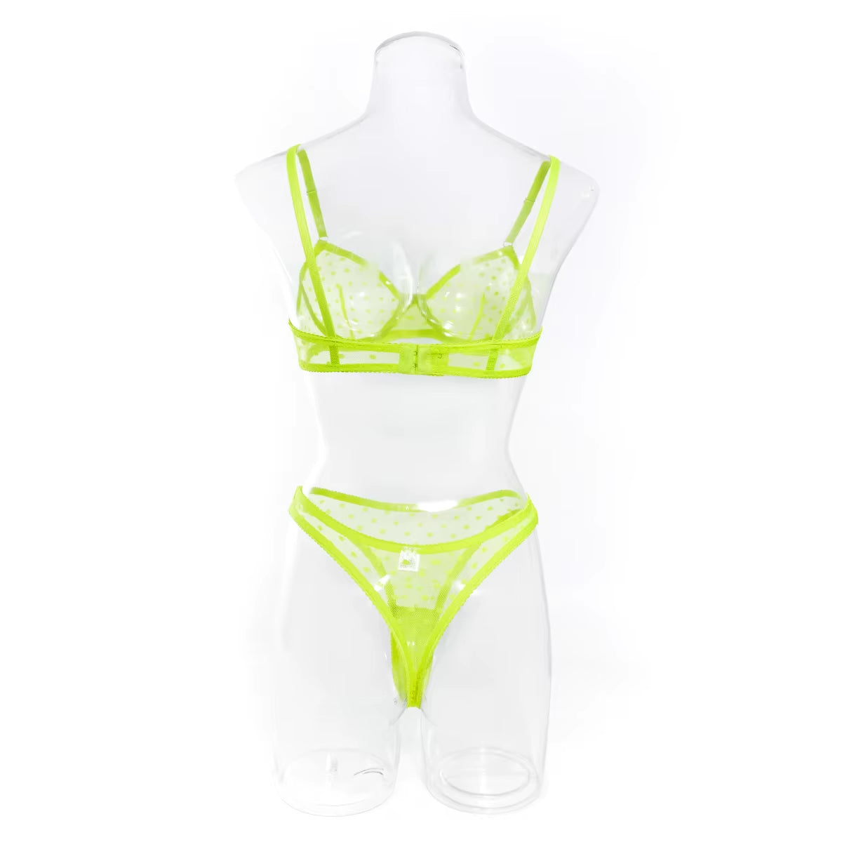 Vibrant neon green lingerie set with dotted mesh, underwired bra, and matching thong
