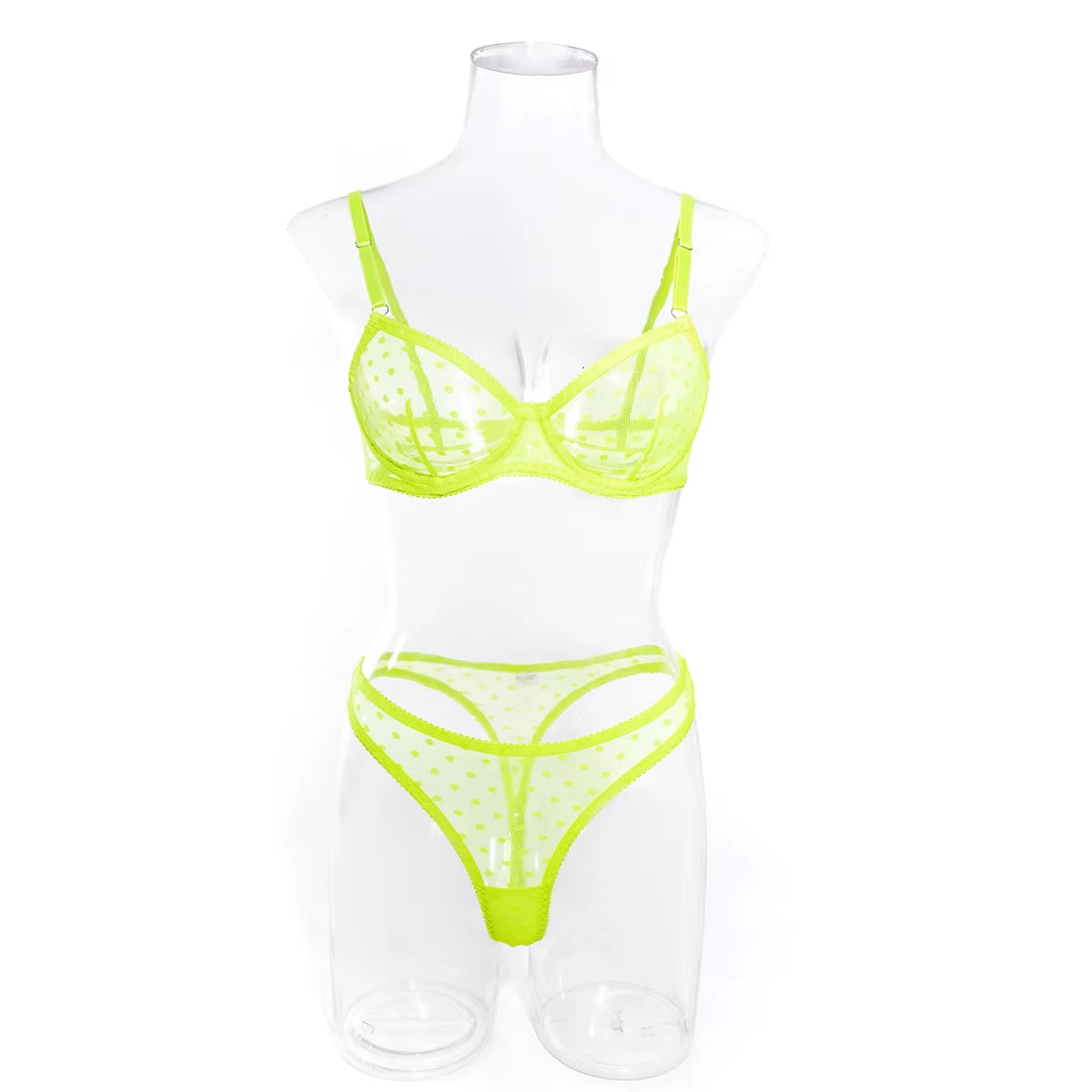 Bright neon green bra and thong set with sheer dot pattern and supportive fit