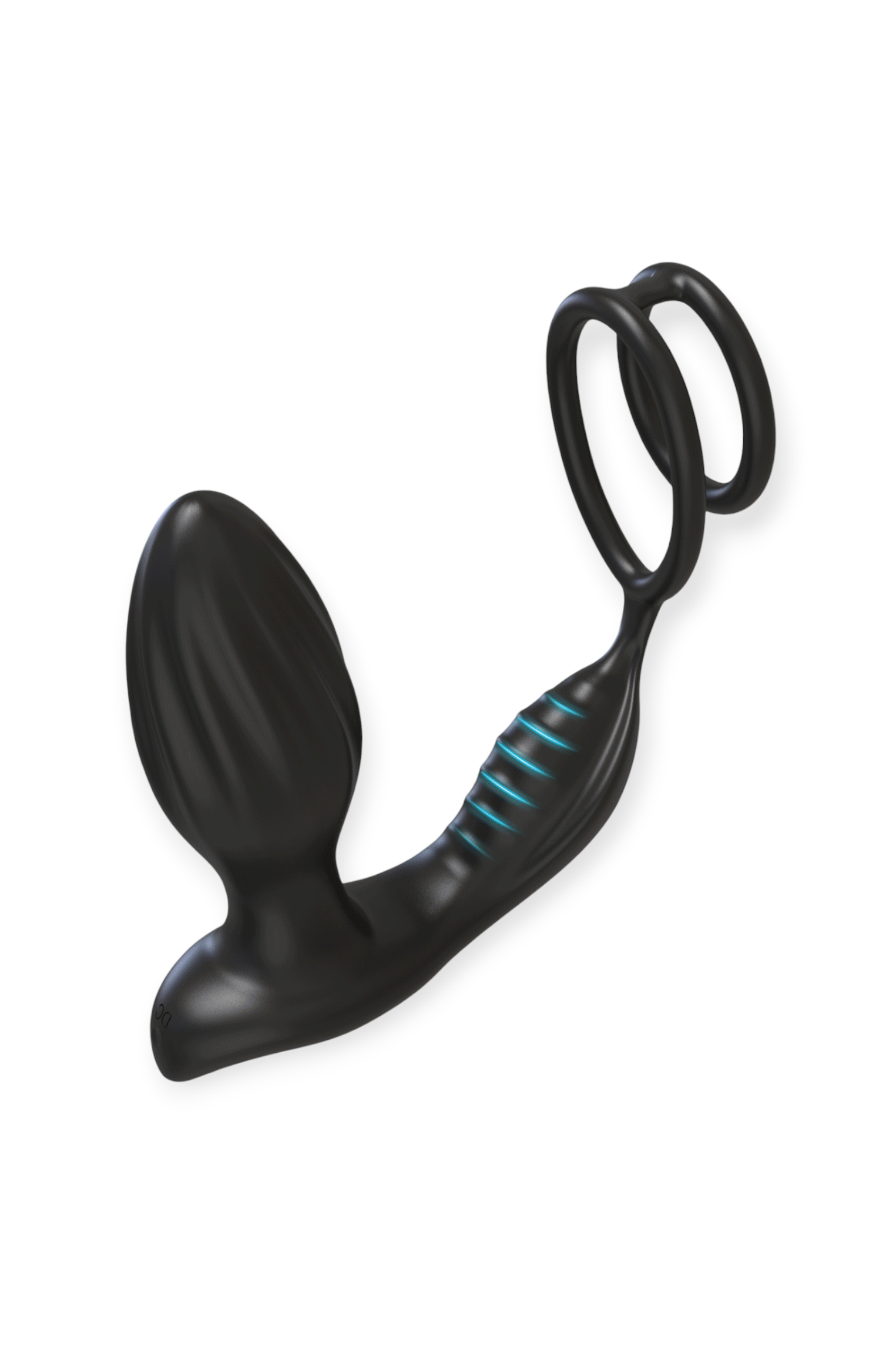 360 rotating prostate massager with double cock ring in black silicone