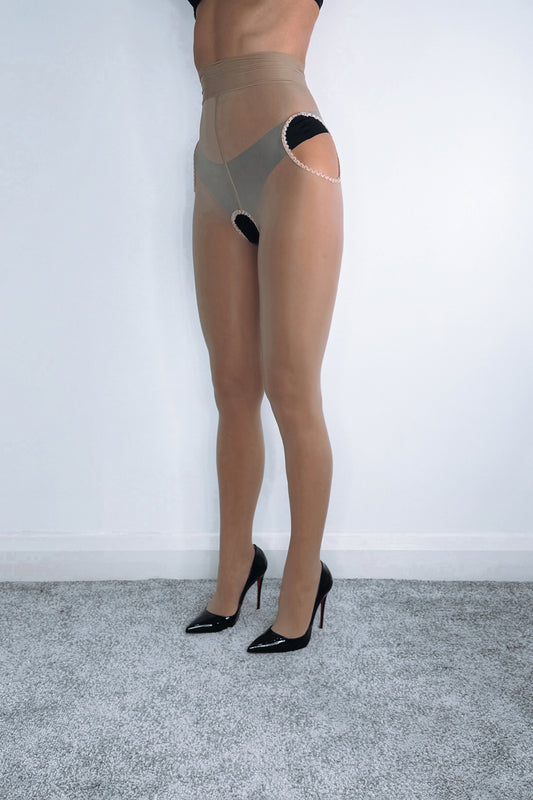Coffee 8 Denier Oil Shine Suspender-Style Tights