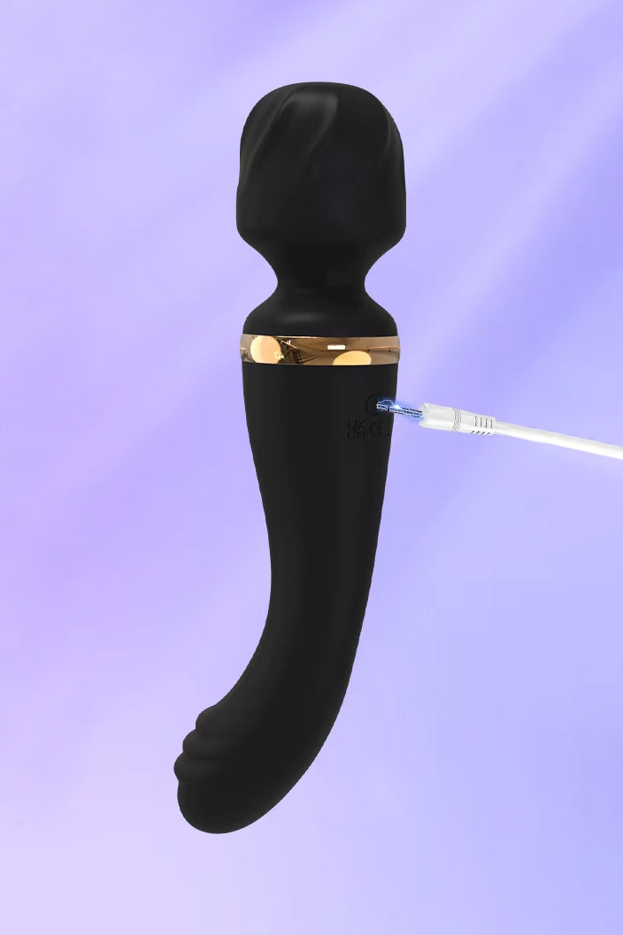 Black dual-end vibrating wand massager with curved tip