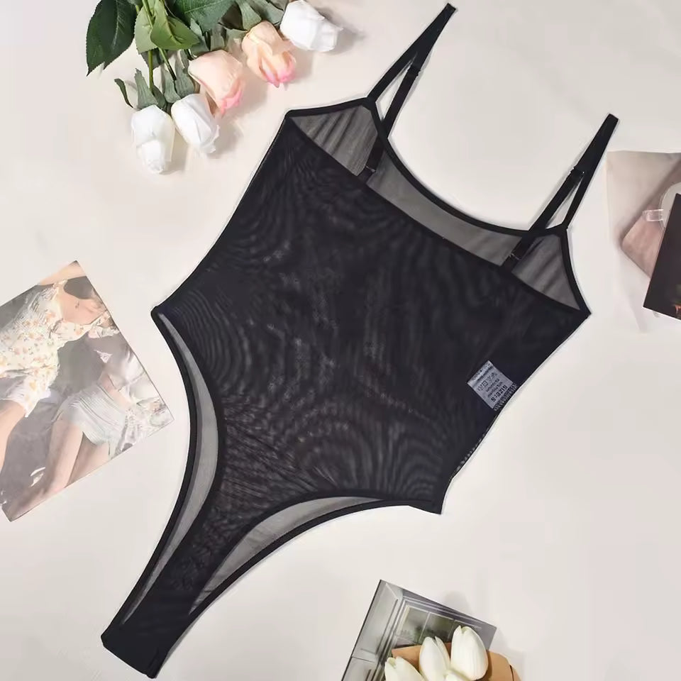 Black high leg mesh sheer bodysuit