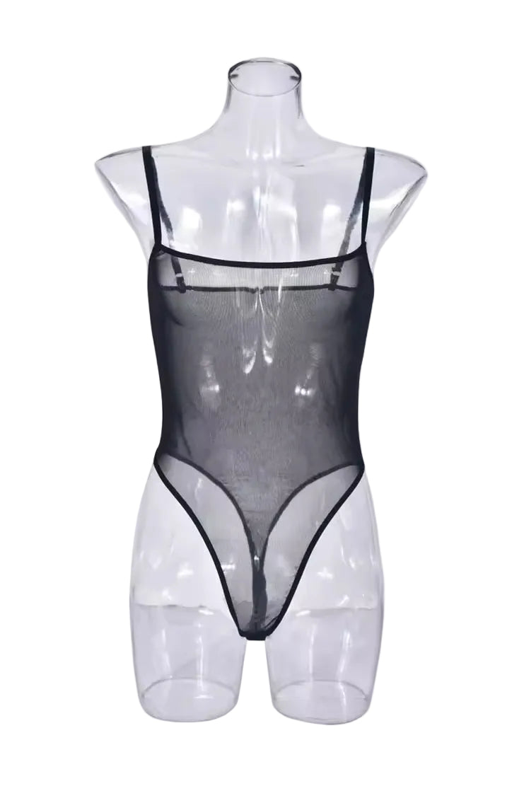 Black high leg mesh sheer bodysuit on a mannequin 