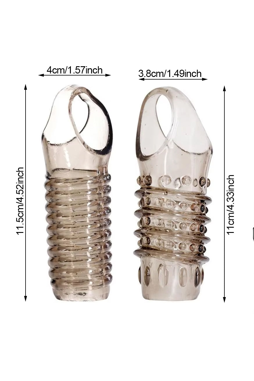 Black ribbed penis enlarger sleeve with integrated testicle ring