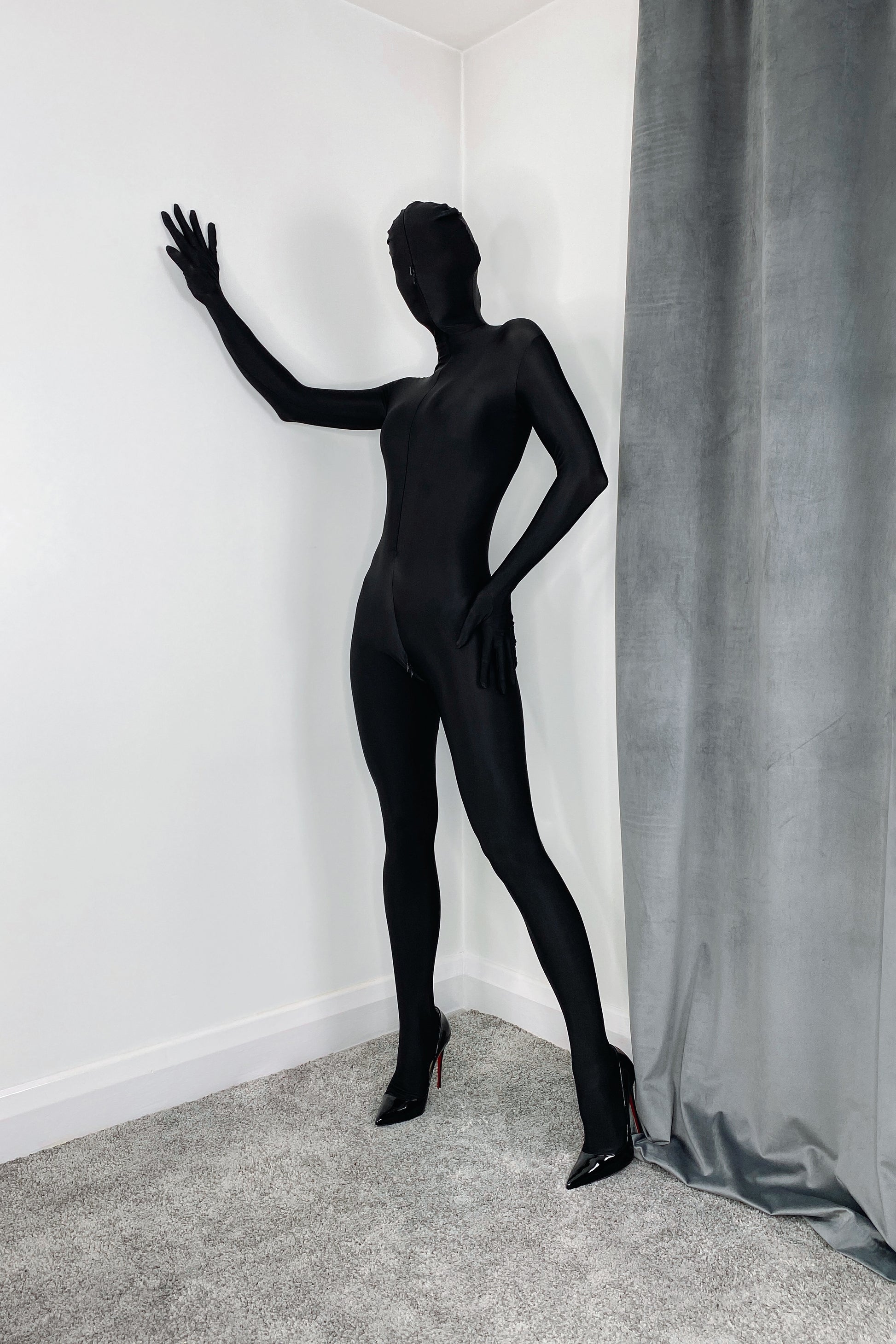 Black spandex bodystocking with gloves and face mask 