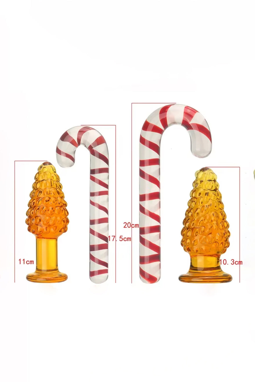 Candy Cane Glass Dildos and Christmas Tree Glass Butt Plugs Size Guide