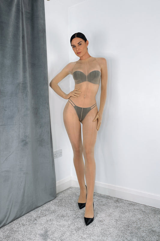 Tan Glossy 8D Bodystocking with Gloves