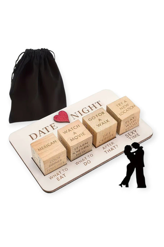 Date night dice game for couples with wooden board, four engraved dice and storage bag