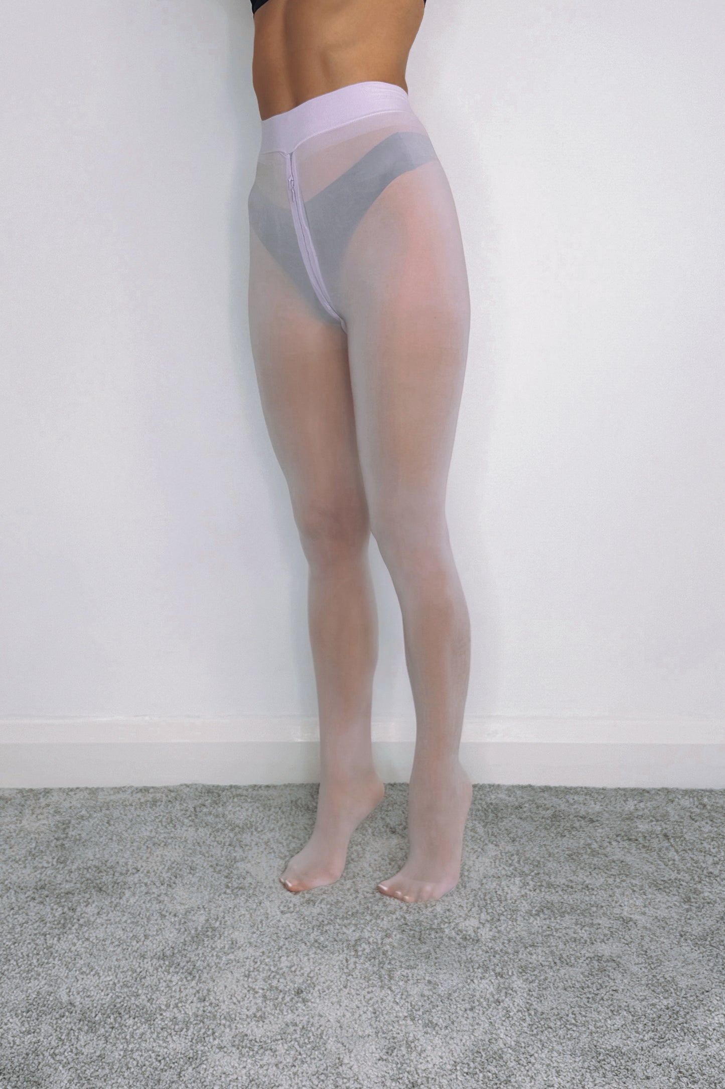 Purple high-shine tights with unique double zipper feature