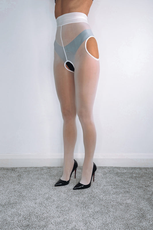 White 8 Denier Oil Shine Suspender-Style Tights