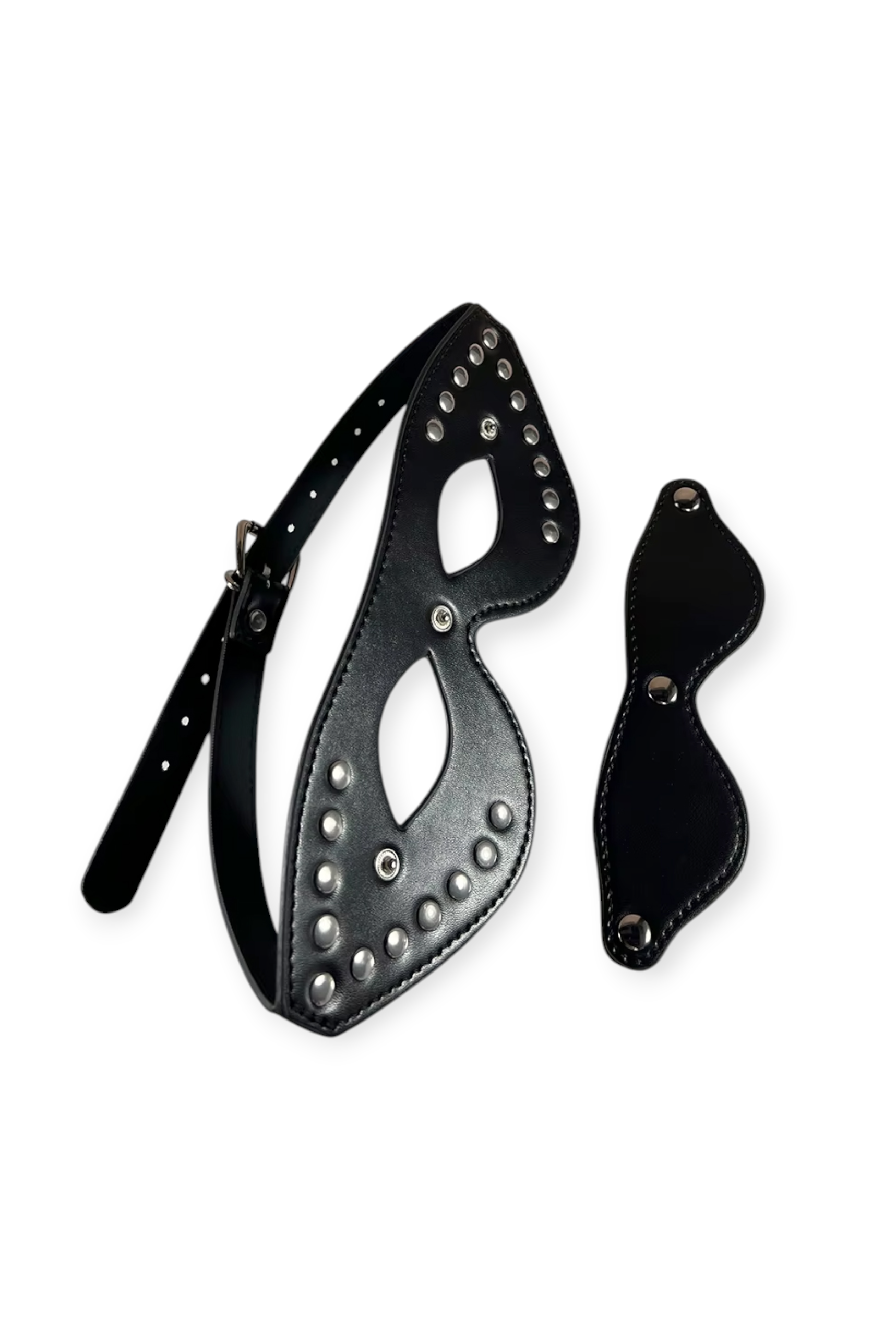 Faux leather bondage blindfold with silver studs adjustable BDSM eye mask black