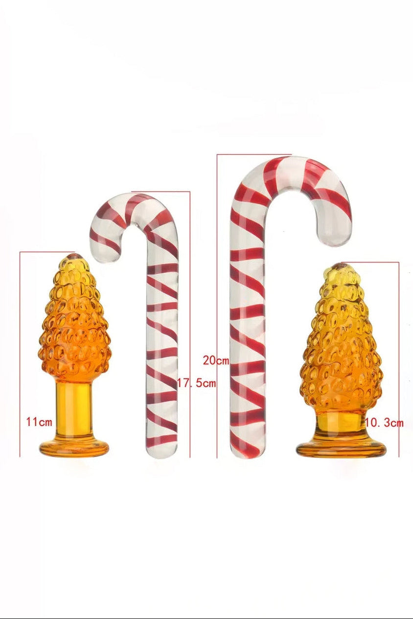 Glass Christmas Tree Butt Plug and Candy Cane Glass Dildo Size Guide