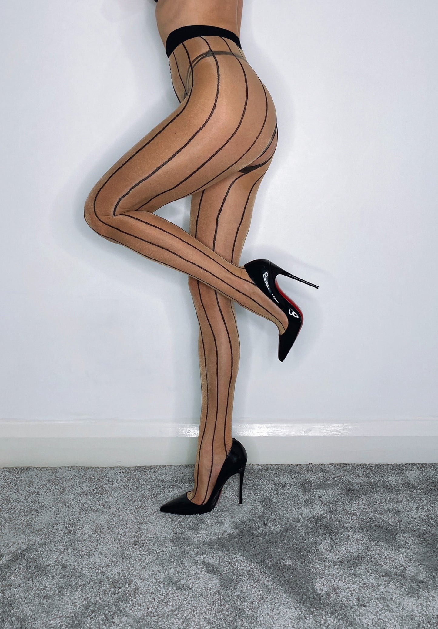 Tan striped 5 denier crotchless tights
