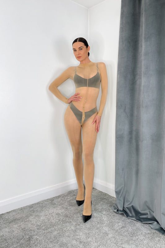 Tan Glossy 8D Long Sleeve Bodystocking with Zip