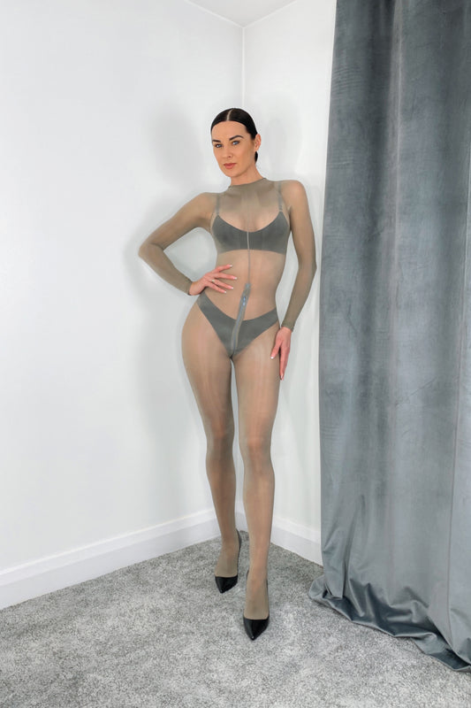 Grey Glossy 8D Long Sleeve Bodystocking with Zip