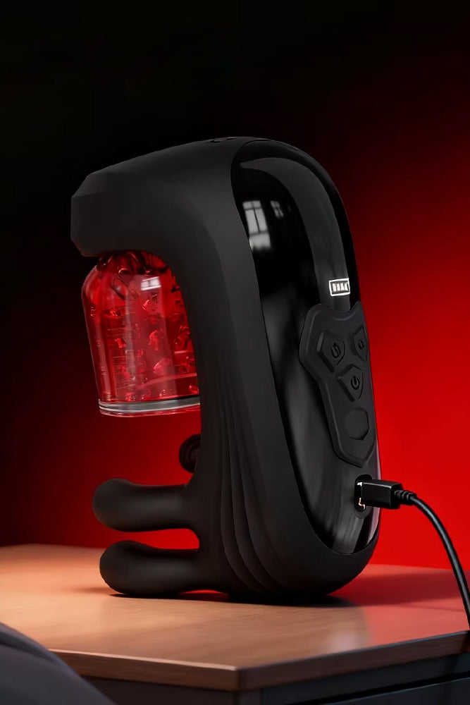 Male masturbator with rotating tongue and grip control