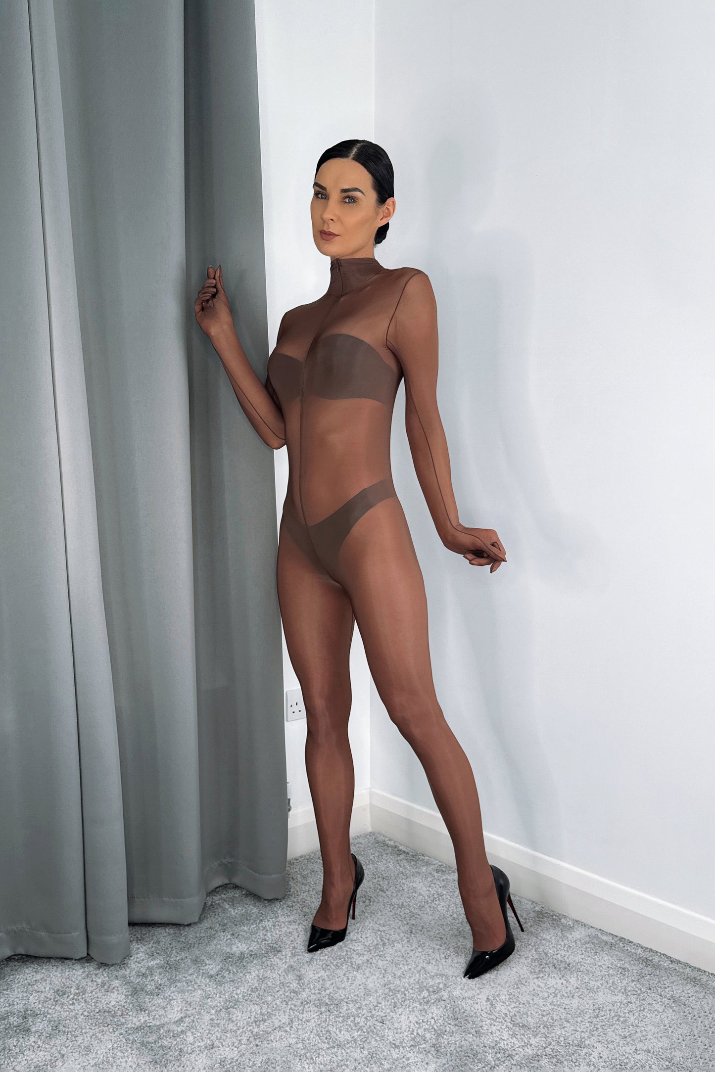 Oil Shine Bodystocking with gloves and zip brown tan nude