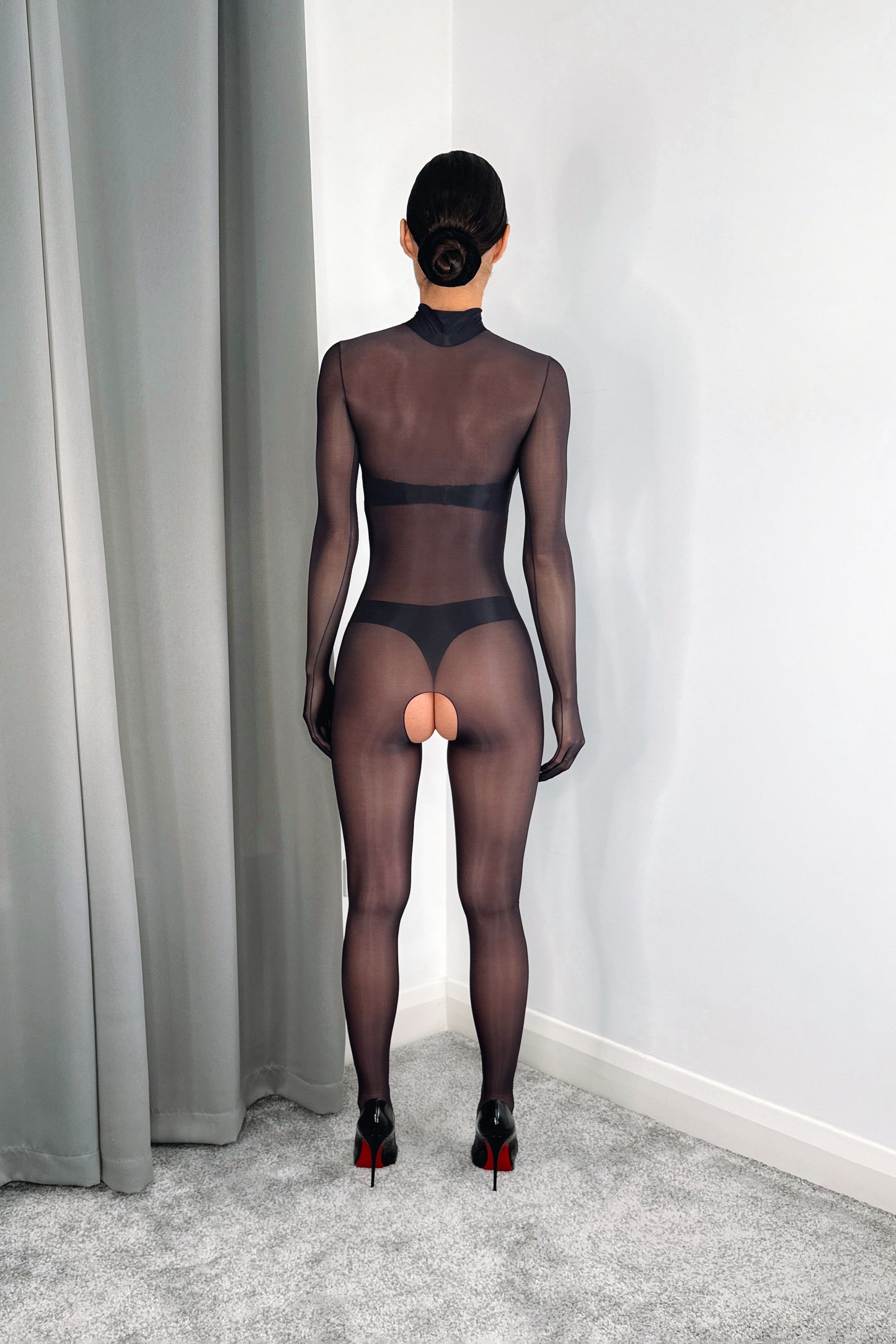 Oil shine sheer high neck nylon bodystocking with gloves black zip front transparent bodystocking