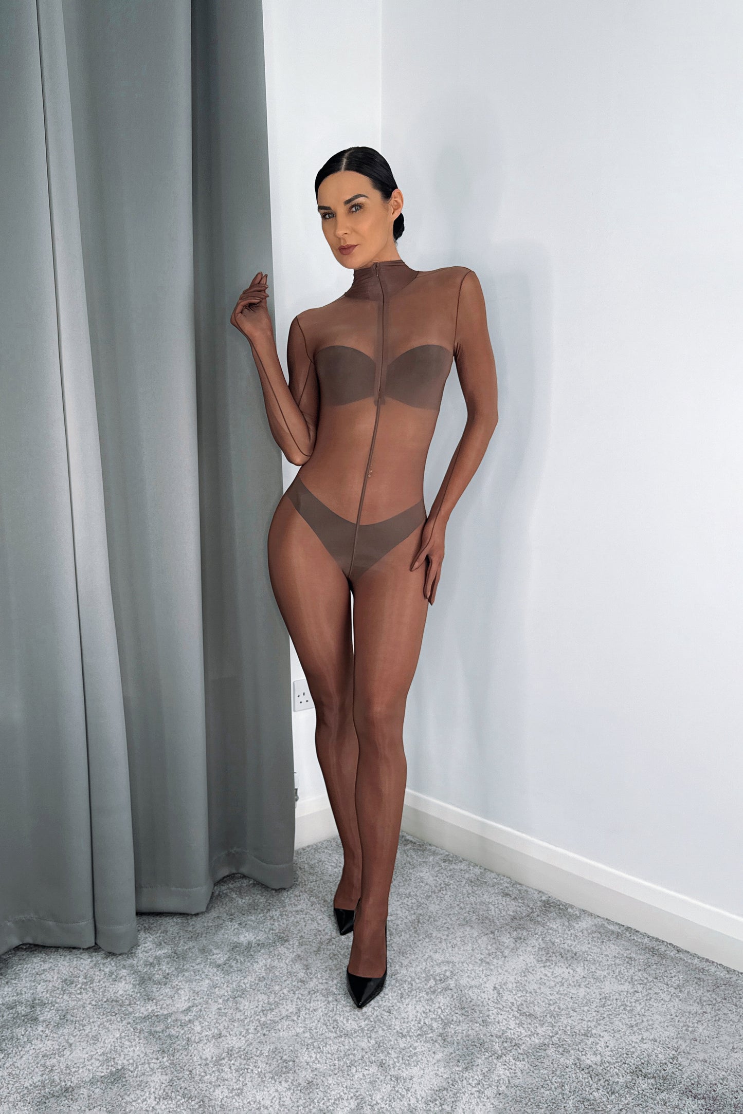 Oil shine sheer nylon bodystocking with gloves high neck zip front transparent full body tights brown tan