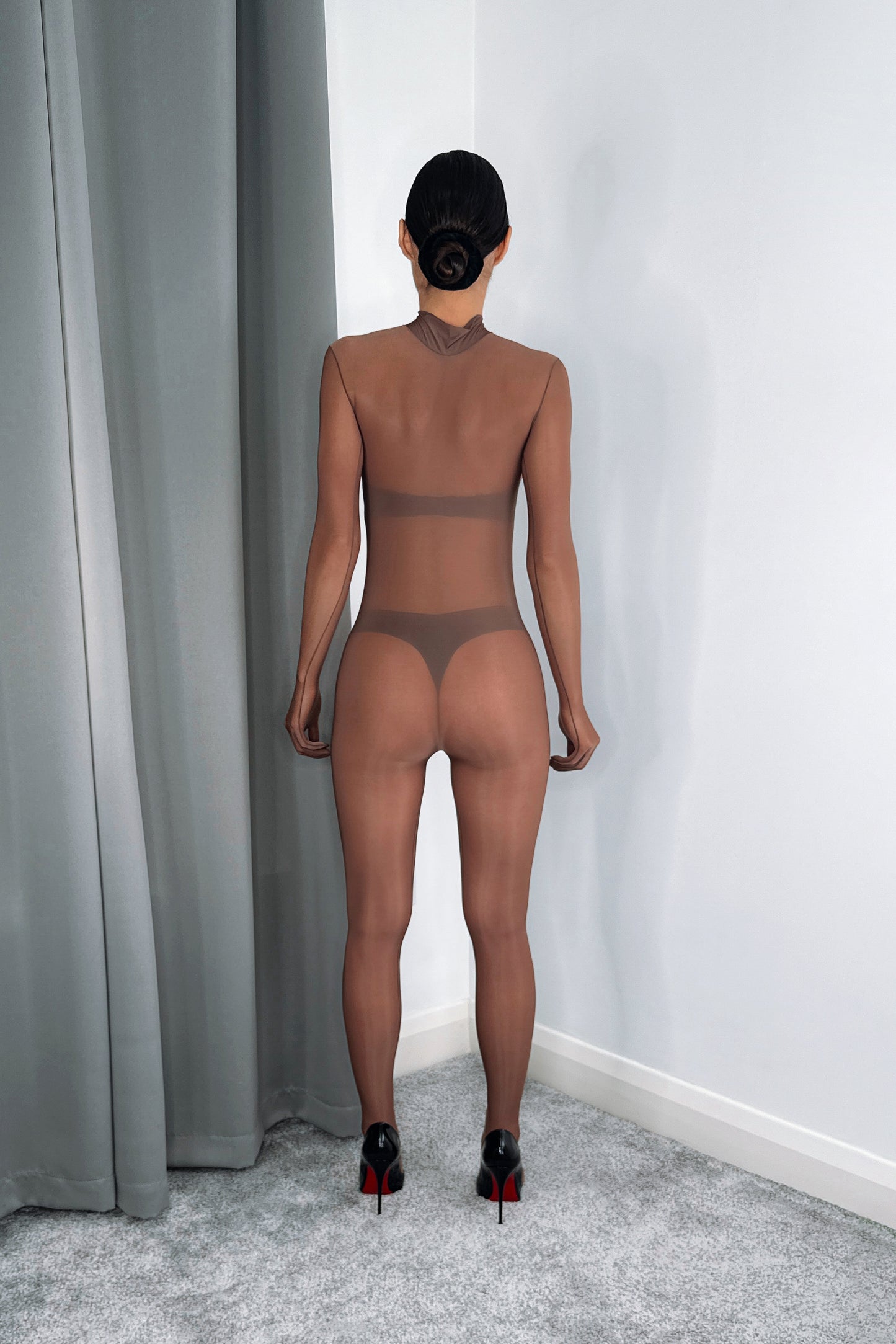 Oil shine transparent nylon bodystocking with gloves high neck back view sheer full body tights brown