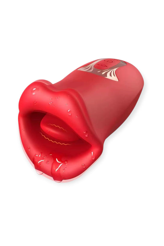 Oral simulating vibrator with tongue licking and biting lip design