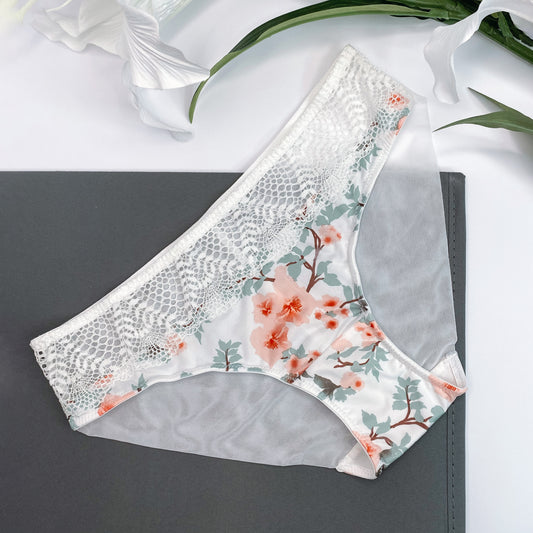 Sheer mesh and lace white knickers