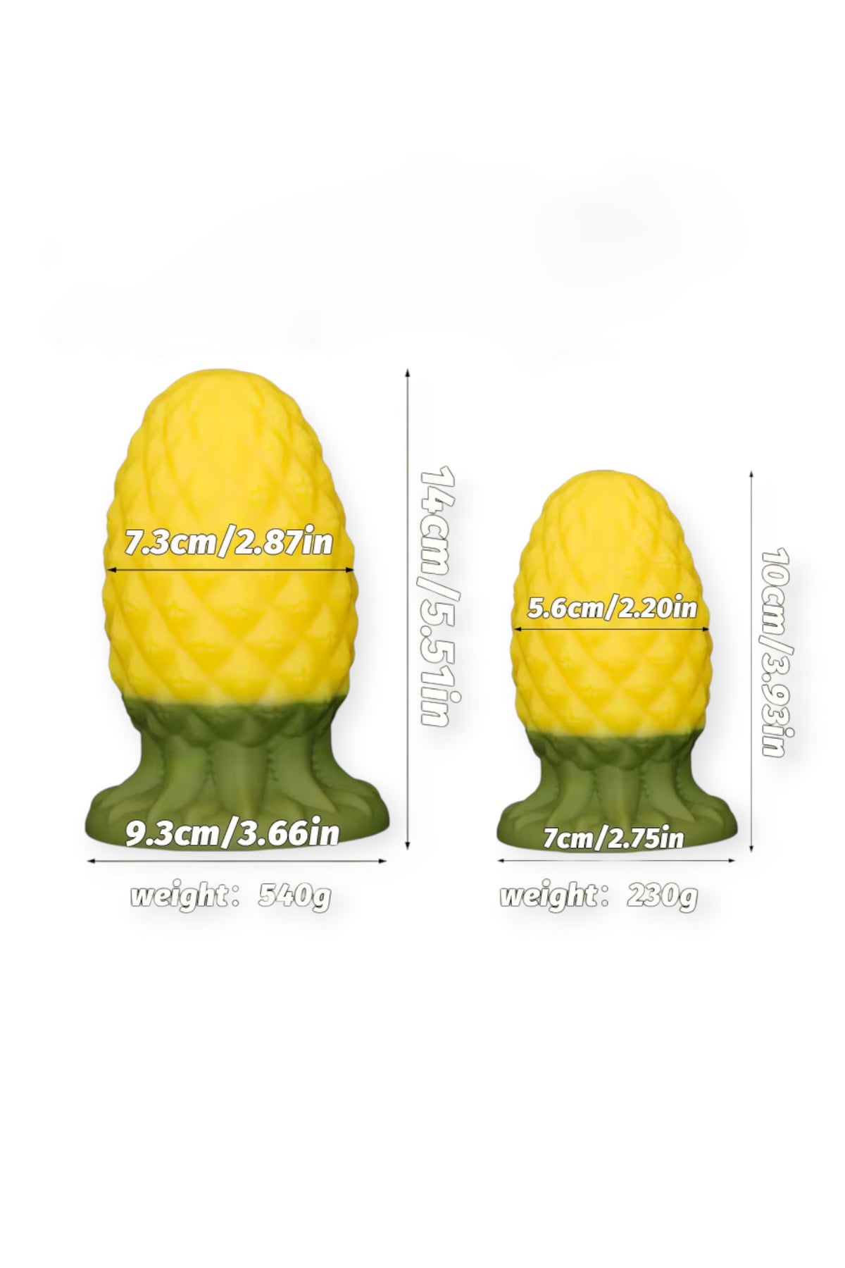 Pineapple silicone butt plug available in Small and Large sizes with dimensions, waterproof silicone anal training plug