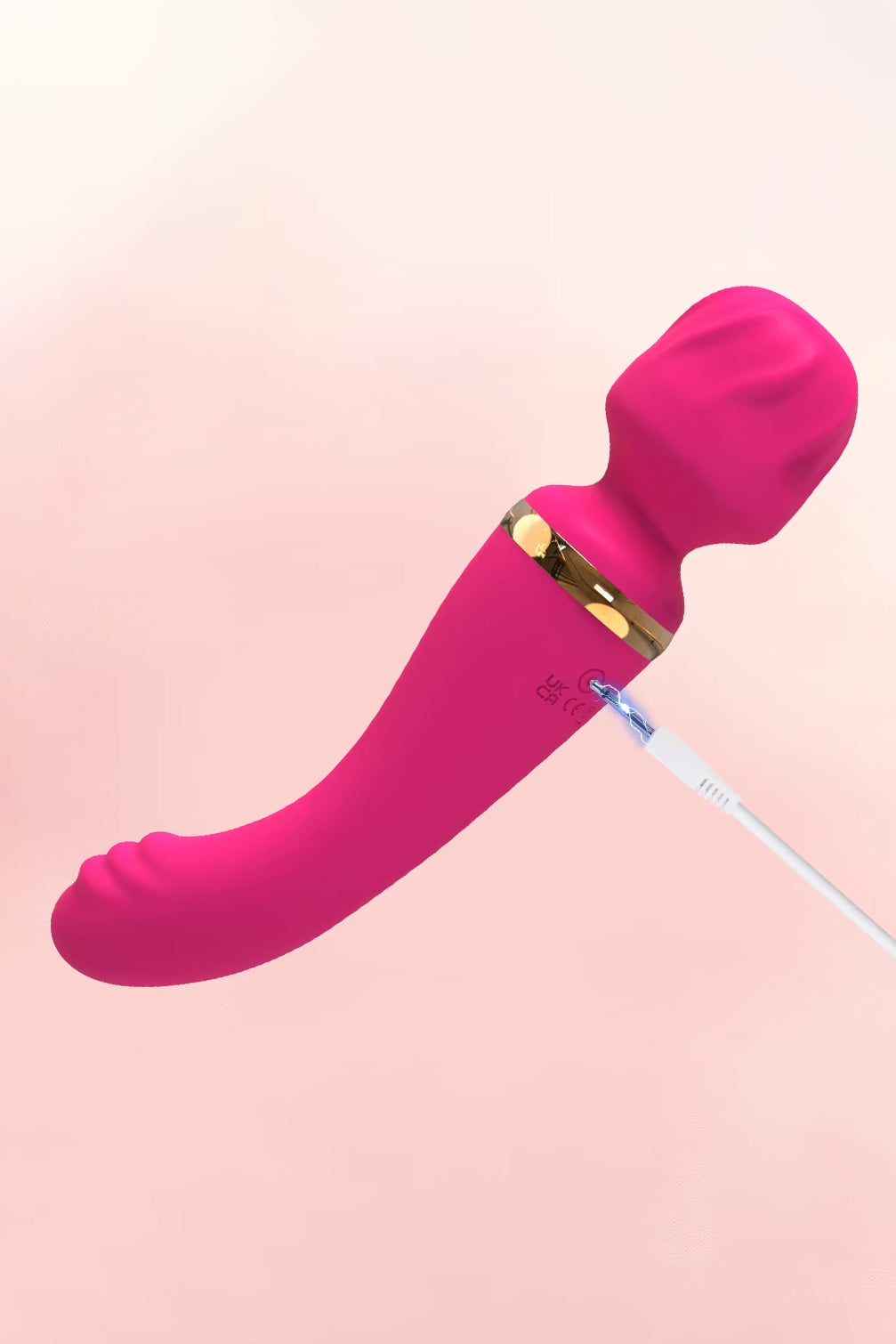 Pink dual-end vibrating wand massager with curved tip