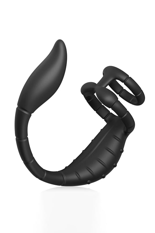 Prostate massager with flexible cock ring made from body-safe silicone