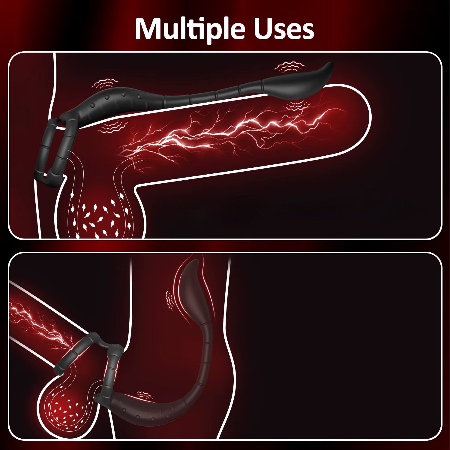 Prostate massager with flexible double cock ring for solo and couples