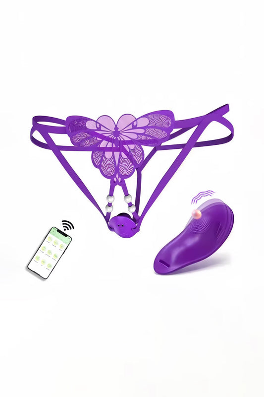 Purple app controlled wearable clitoral vibrator for thong underwear