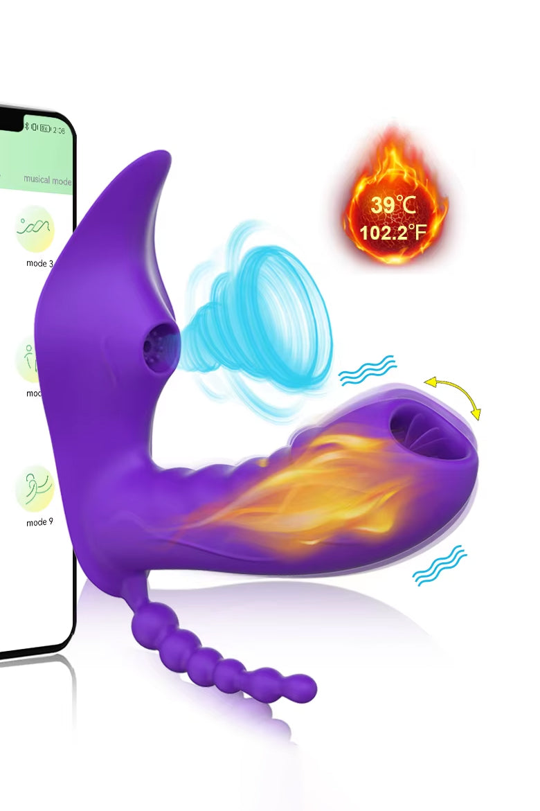 Purple couples vibrator with suction licking and anal beads