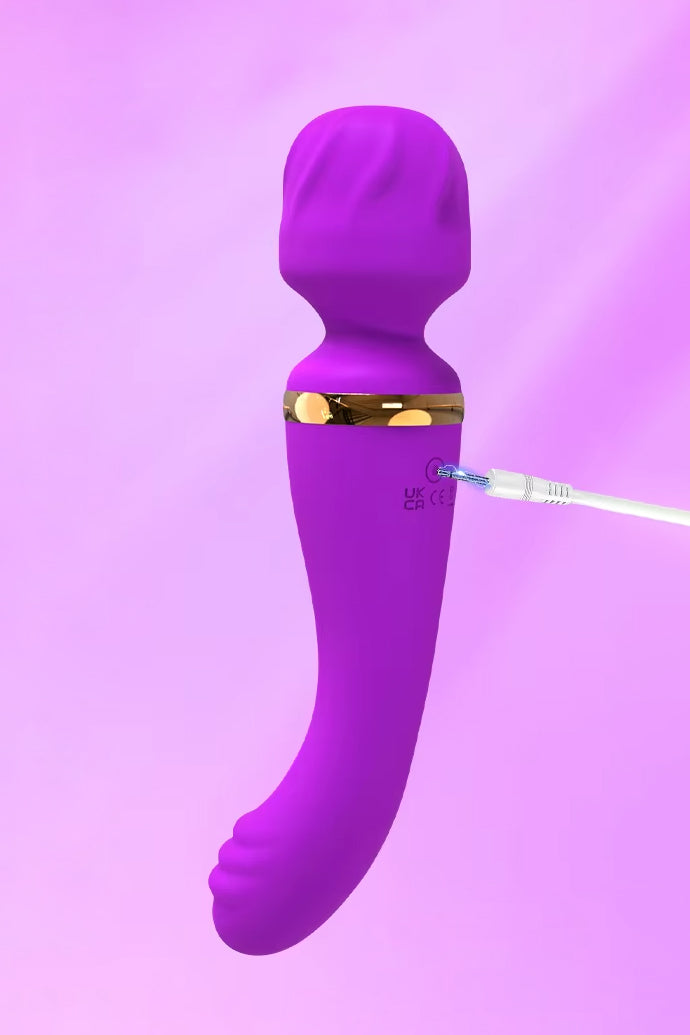 Purple dual-end vibrating wand massager with curved tip
