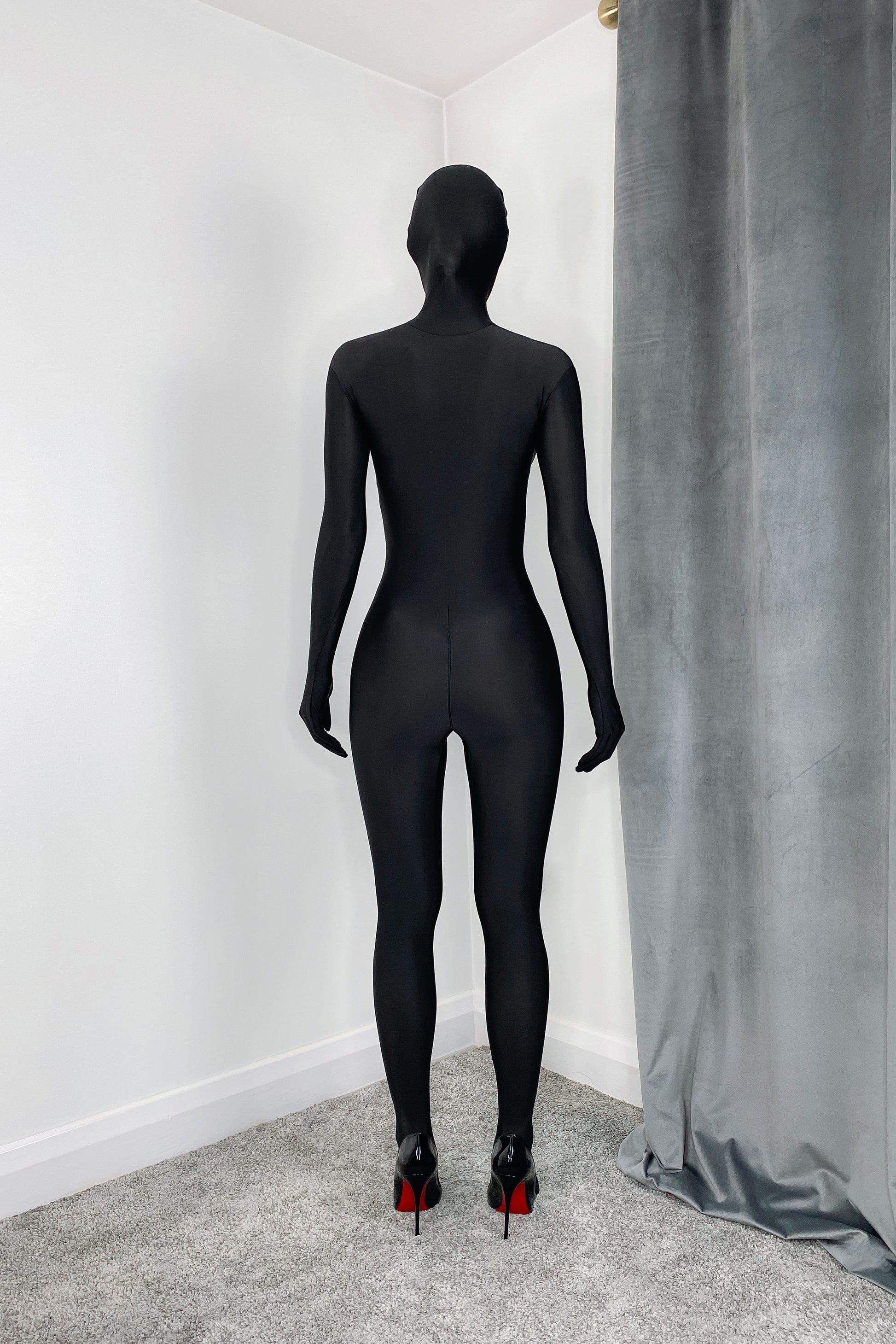  Black spandex bodystocking with full coverage gloves and hood