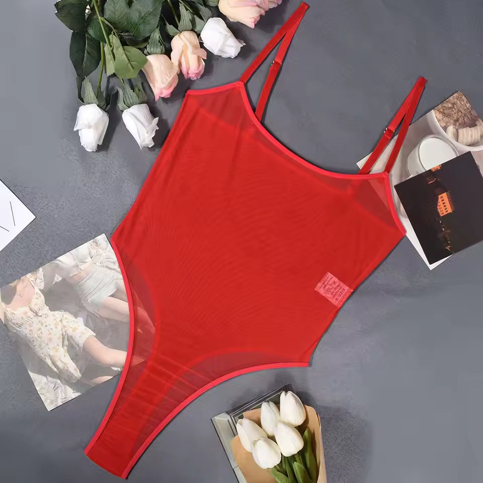 Red high leg mesh sheer bodysuit