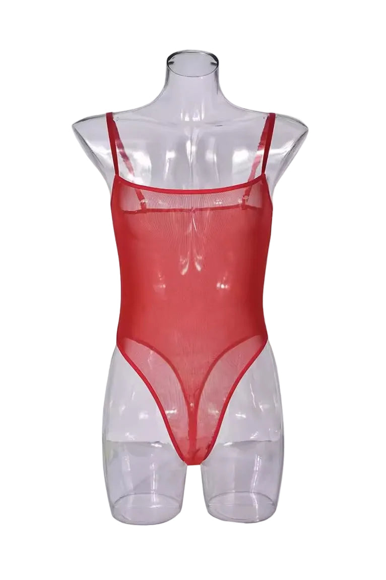 Red high leg mesh sheer bodysuit on a mannequin 