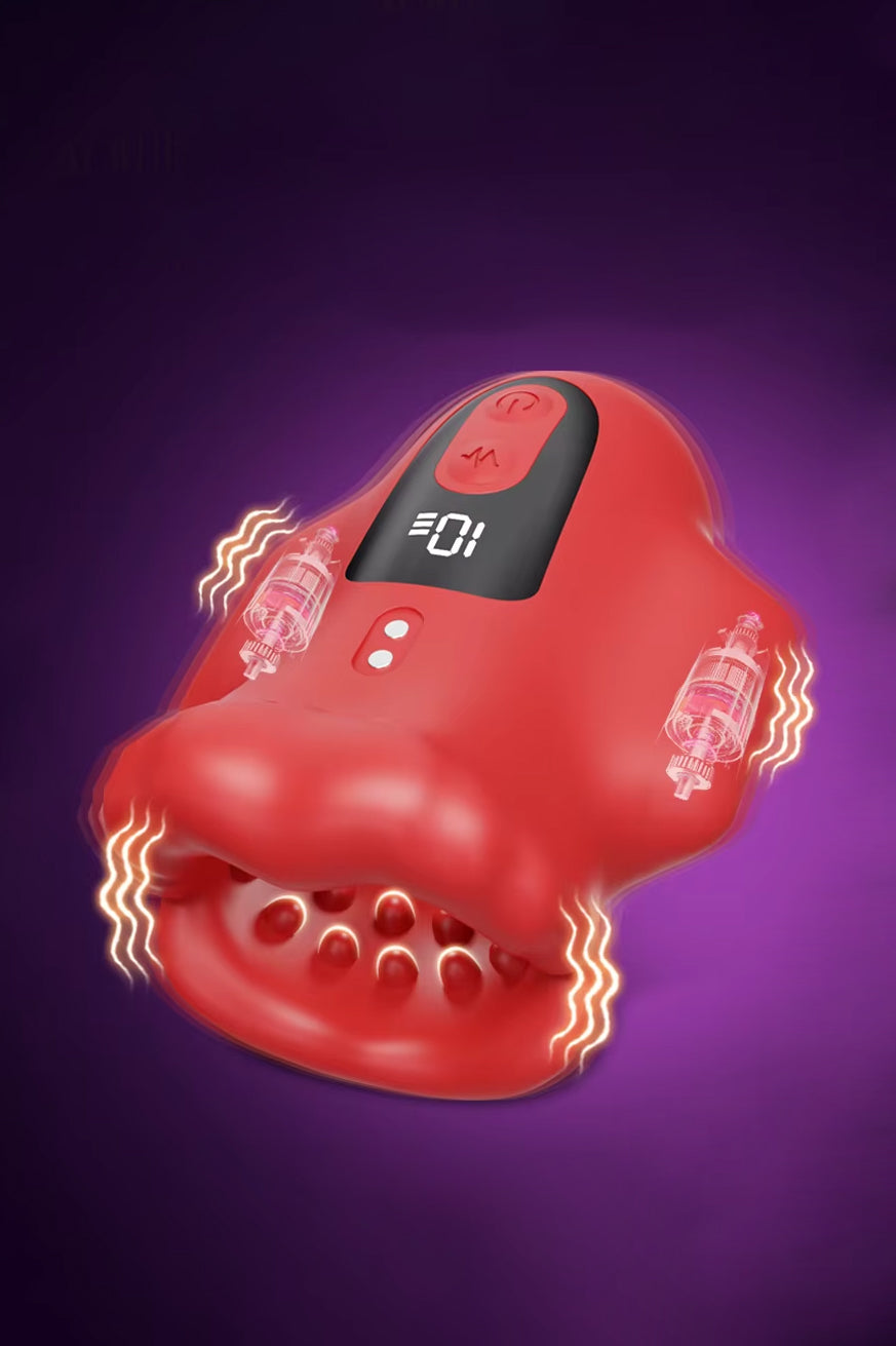 Red lip-style men’s masturbator with textured interior