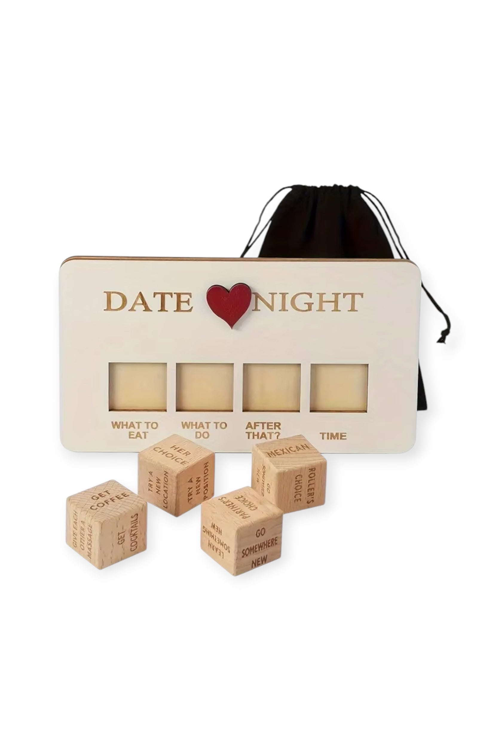 Romantic date night dice game for couples with wooden board, engraved dice and drawstring pouch